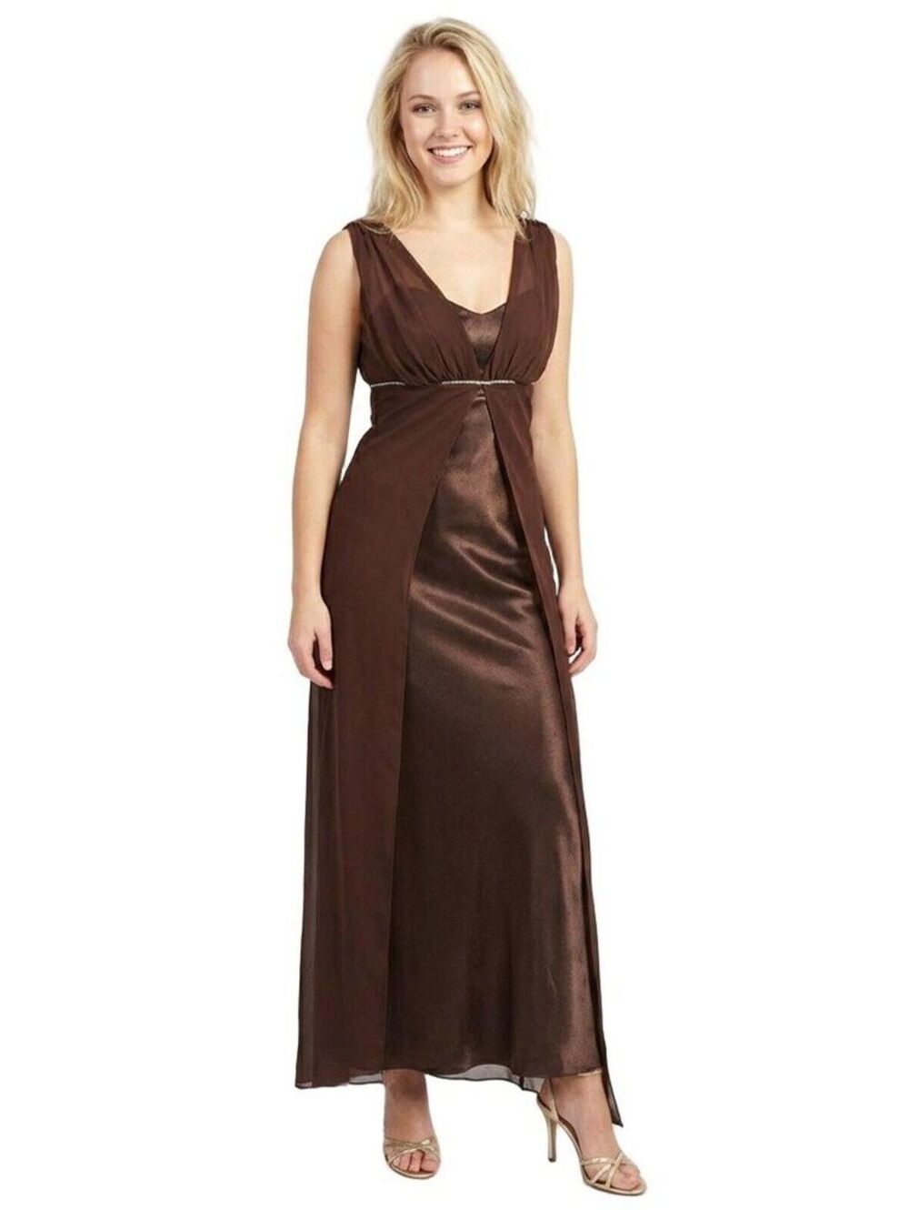 NWOT Juno #775 Chiffon and Satin Vintage Goddess Bridesmaid Dress-Size S-BROWN